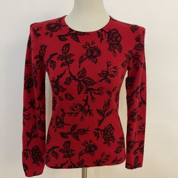 Charter Club Sweater Small Red Black 100% 2 Ply Cashmere Roses Floral Flowers - Picture 1 of 8